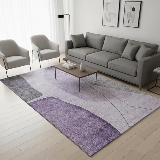 Purple Gray And Ivory Abstract Washable Area Rug With UV Protection Photo 1