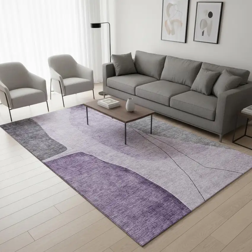 Purple Gray And Ivory Abstract Washable Area Rug With UV Protection Photo 1