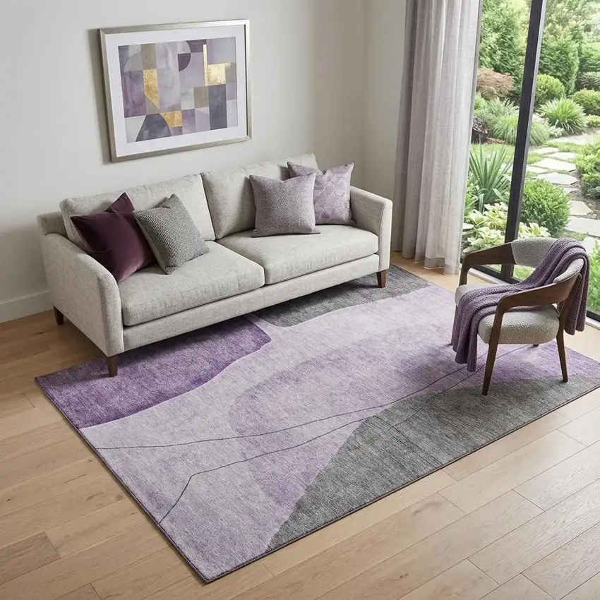 Purple Gray And Ivory Abstract Washable Area Rug With UV Protection Photo 1