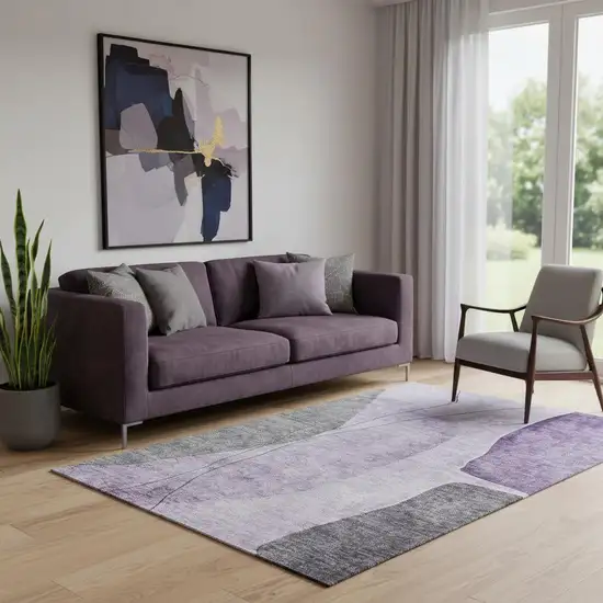 Purple Gray And Ivory Abstract Washable Area Rug With UV Protection Photo 1