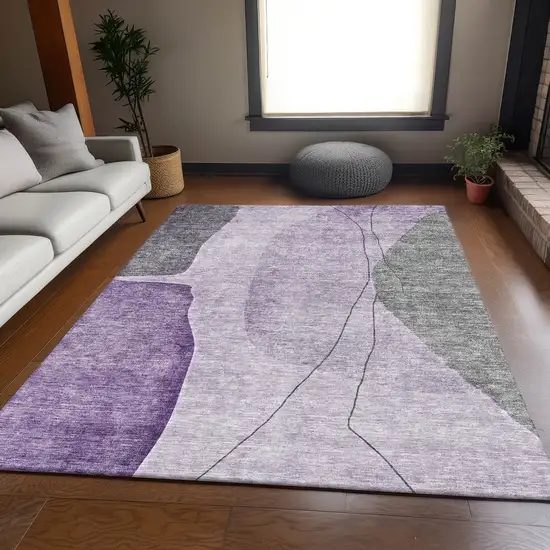 Purple Gray And Ivory Abstract Washable Area Rug With UV Protection Photo 5