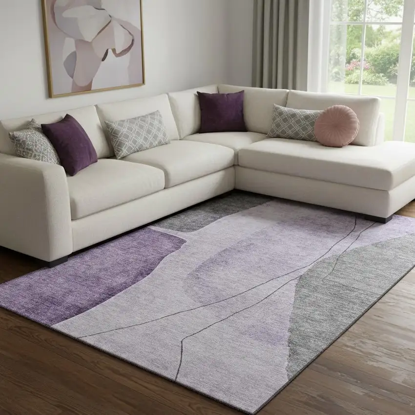 Purple Gray And Ivory Abstract Washable Area Rug With UV Protection Photo 1