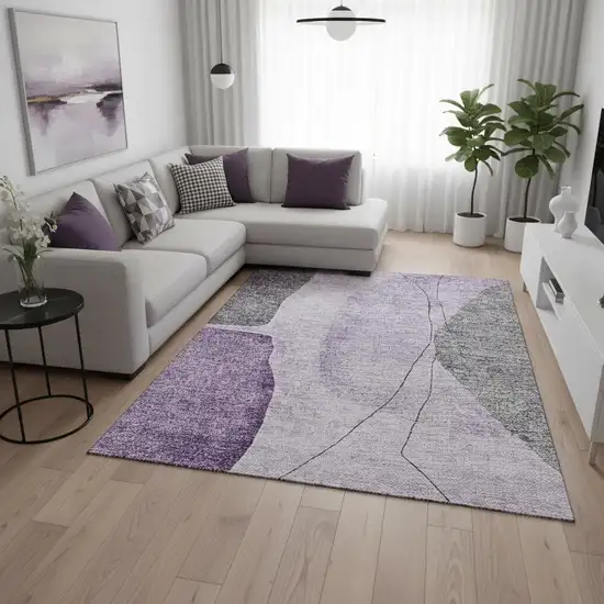 Purple Gray And Ivory Abstract Washable Area Rug With UV Protection Photo 1