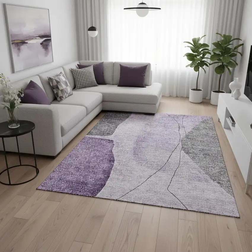 Purple Gray And Ivory Abstract Washable Area Rug With UV Protection Photo 1