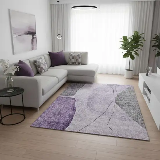 Purple Gray And Ivory Abstract Washable Area Rug With UV Protection Photo 1