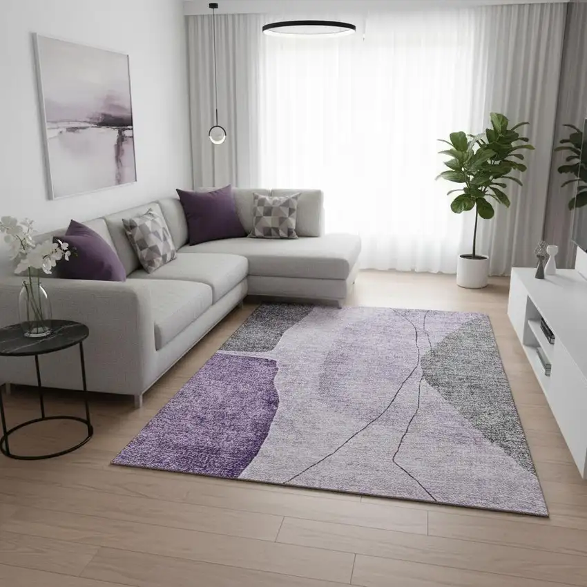 Purple Gray And Ivory Abstract Washable Area Rug With UV Protection Photo 1