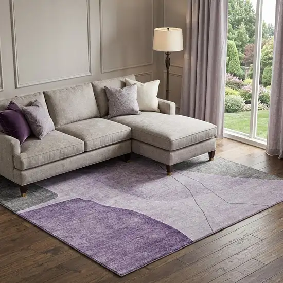 Purple Gray And Ivory Abstract Washable Area Rug With UV Protection Photo 1
