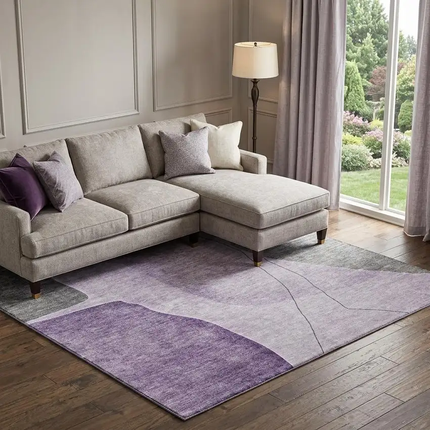 Purple Gray And Ivory Abstract Washable Area Rug With UV Protection Photo 1