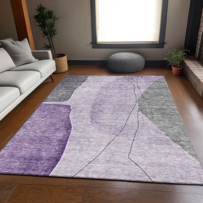 Purple Gray And Ivory Abstract Washable Area Rug With UV Protection Photo 6