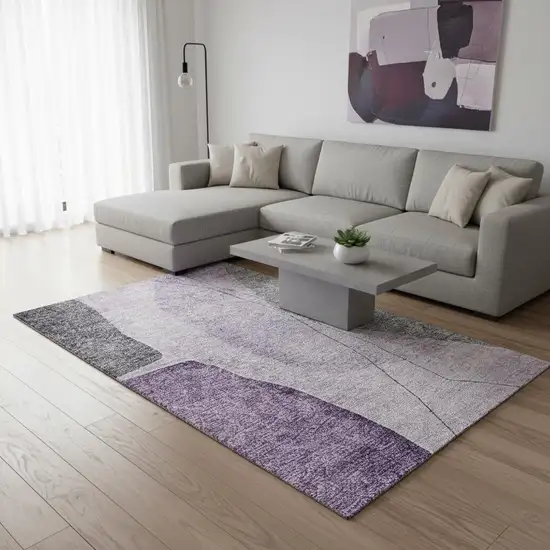 Purple Gray And Ivory Abstract Washable Area Rug With UV Protection Photo 1