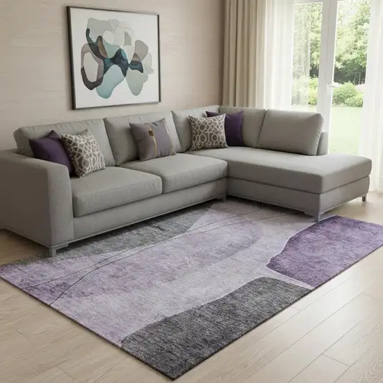 Purple Gray And Ivory Abstract Washable Area Rug With UV Protection Photo 1
