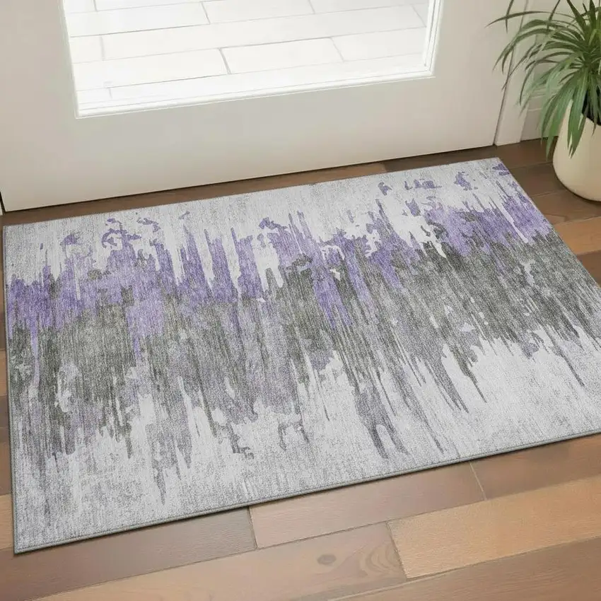 Purple Gray And Ivory Abstract Washable Area Rug With UV Protection Photo 1