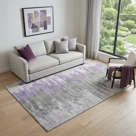 Purple Gray And Ivory Abstract Washable Area Rug With UV Protection Photo 1