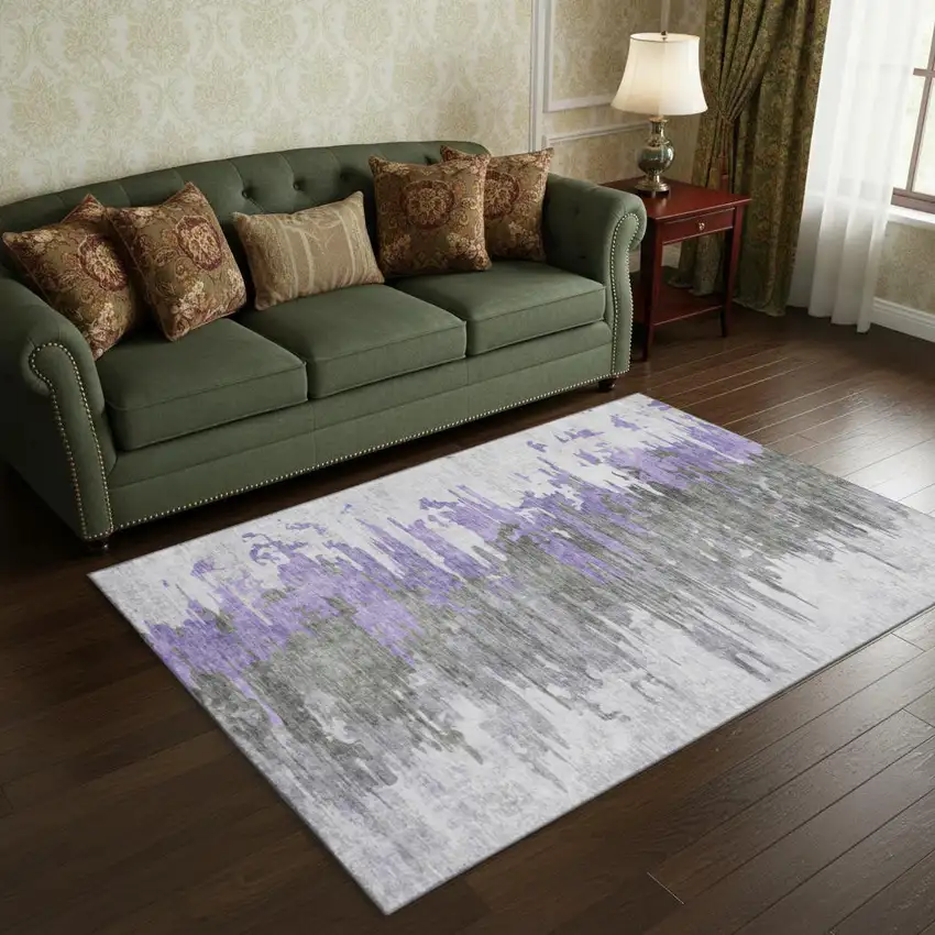 Purple Gray And Ivory Abstract Washable Area Rug With UV Protection Photo 1