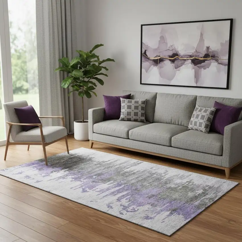 Purple Gray And Ivory Abstract Washable Area Rug With UV Protection Photo 1