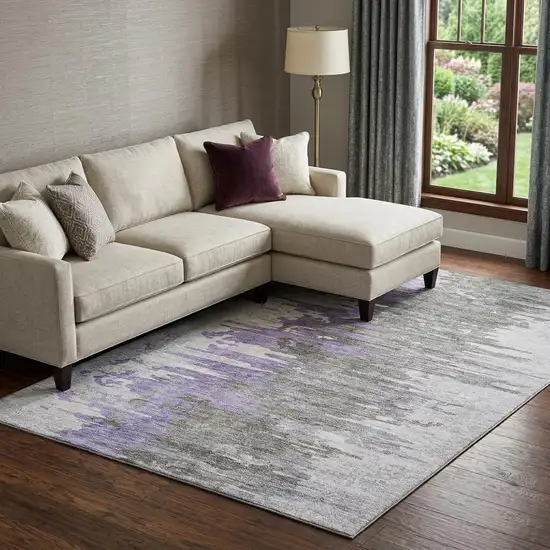 Purple Gray And Ivory Abstract Washable Area Rug With UV Protection Photo 1