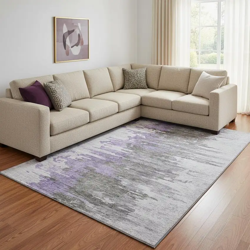 Purple Gray And Ivory Abstract Washable Area Rug With UV Protection Photo 1