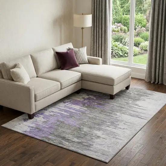 Purple Gray And Ivory Abstract Washable Area Rug With UV Protection Photo 1