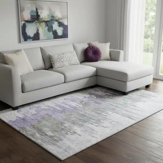 Purple Gray And Ivory Abstract Washable Area Rug With UV Protection Photo 1