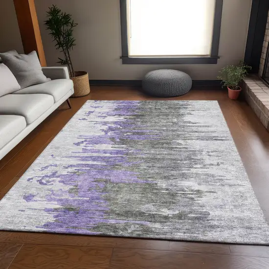 Purple Gray And Ivory Abstract Washable Area Rug With UV Protection Photo 5