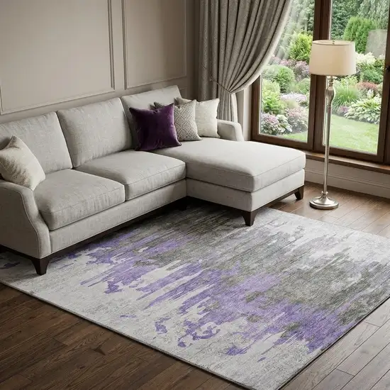 Purple Gray And Ivory Abstract Washable Area Rug With UV Protection Photo 1
