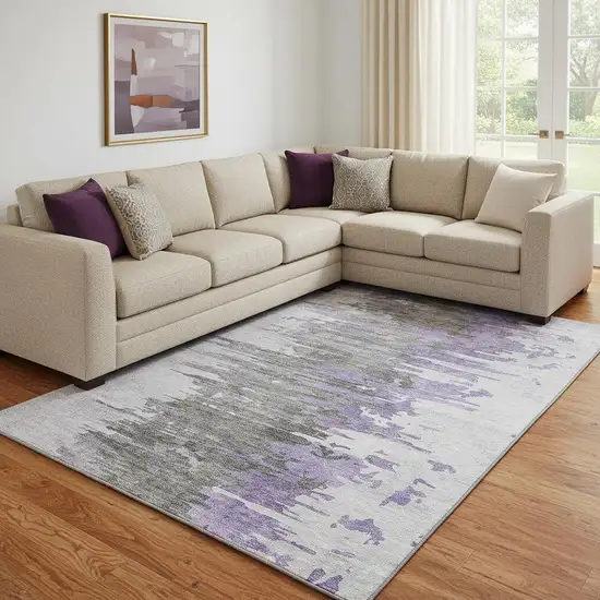 Purple Gray And Ivory Abstract Washable Area Rug With UV Protection Photo 1