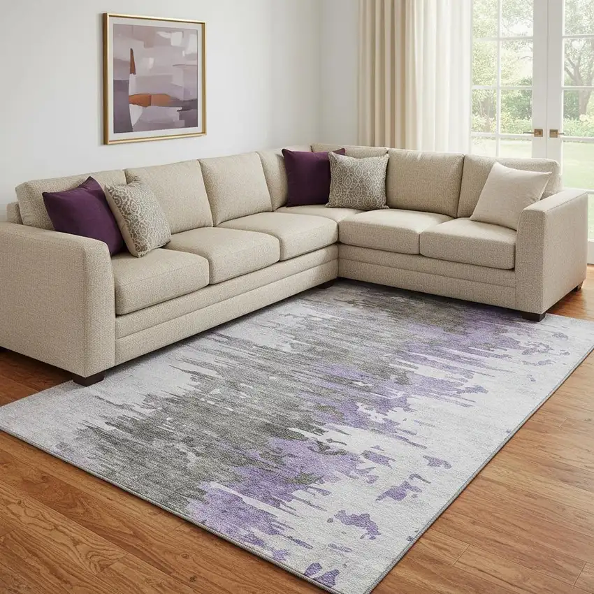 Purple Gray And Ivory Abstract Washable Area Rug With UV Protection Photo 1