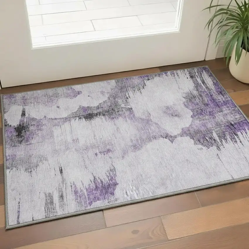 Purple Gray And Ivory Abstract Washable Area Rug With UV Protection Photo 2