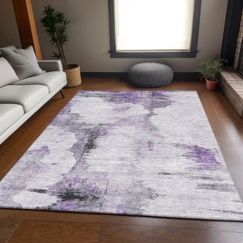 Purple Gray And Ivory Abstract Washable Area Rug With UV Protection Photo 5