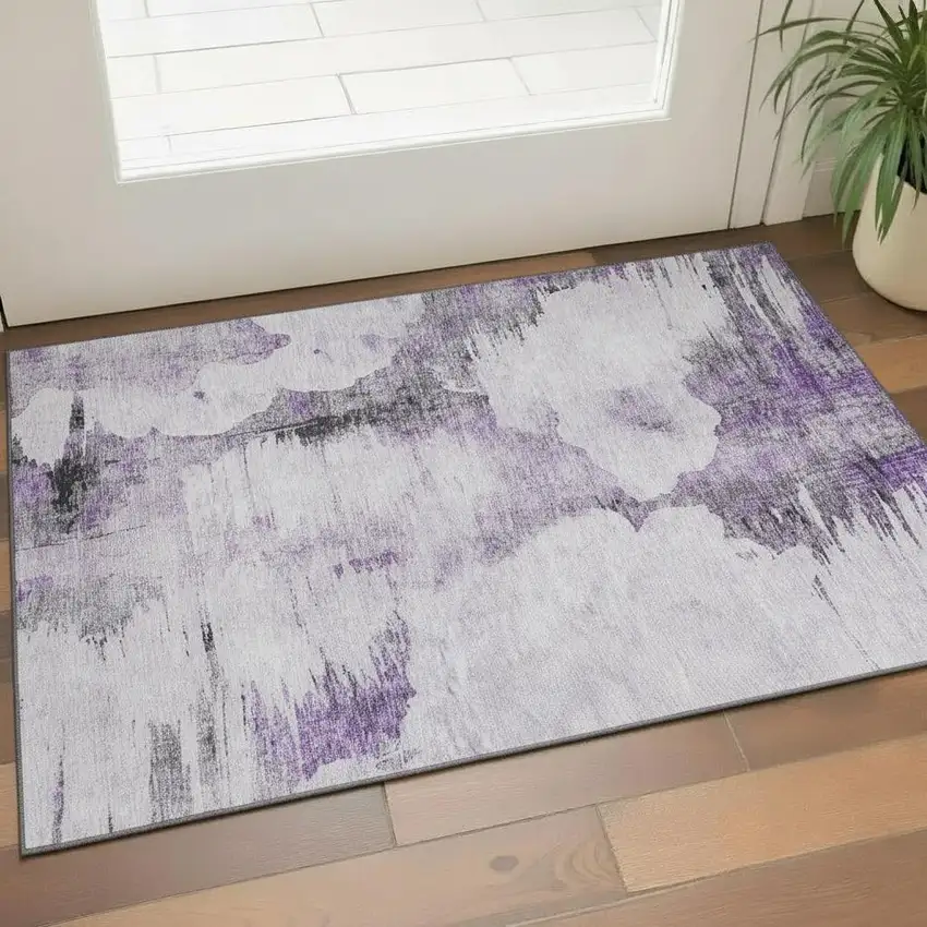 Purple Gray And Ivory Abstract Washable Area Rug With UV Protection Photo 1