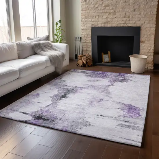 Purple Gray And Ivory Abstract Washable Area Rug With UV Protection Photo 6
