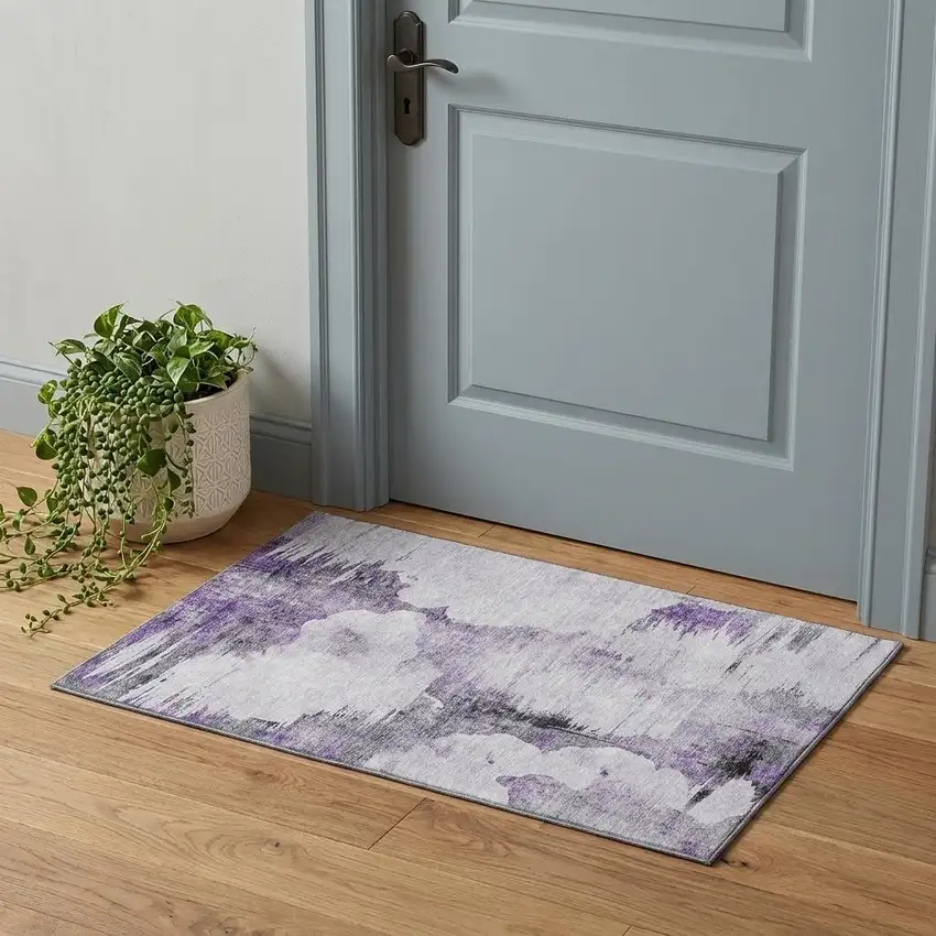 Purple Gray And Ivory Abstract Washable Area Rug With UV Protection Photo 1