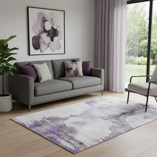 Purple Gray And Ivory Abstract Washable Area Rug With UV Protection Photo 1