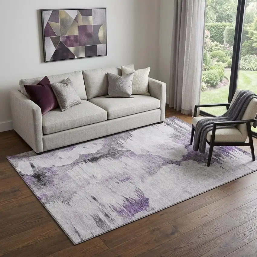 Purple Gray And Ivory Abstract Washable Area Rug With UV Protection Photo 1