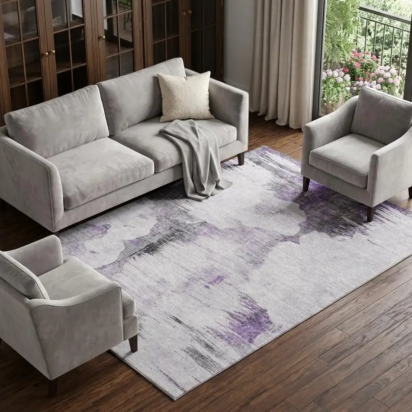 Purple Gray And Ivory Abstract Washable Area Rug With UV Protection Photo 1