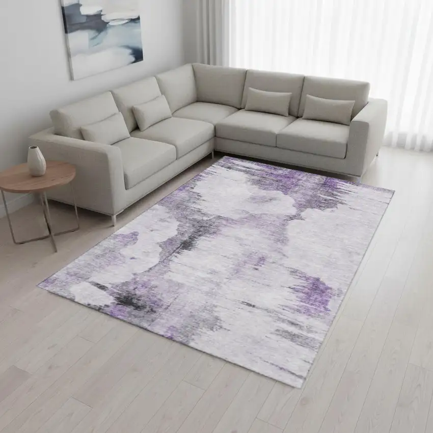 Purple Gray And Ivory Abstract Washable Area Rug With UV Protection Photo 1