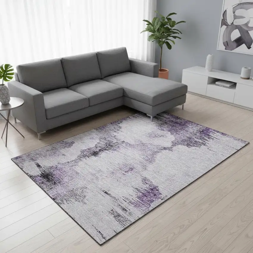 Purple Gray And Ivory Abstract Washable Area Rug With UV Protection Photo 3