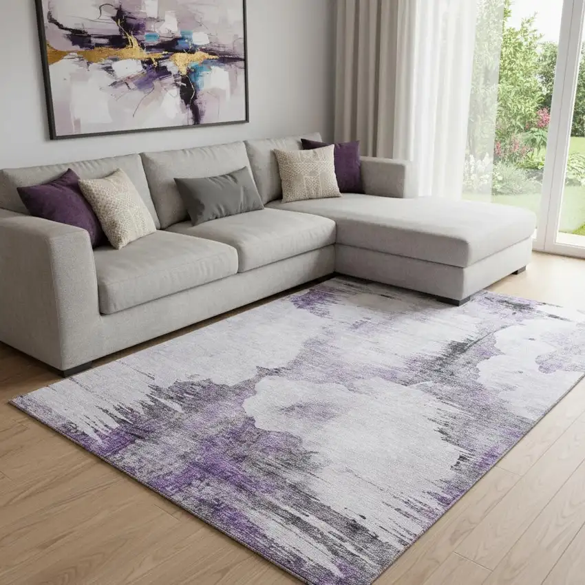 Purple Gray And Ivory Abstract Washable Area Rug With UV Protection Photo 1