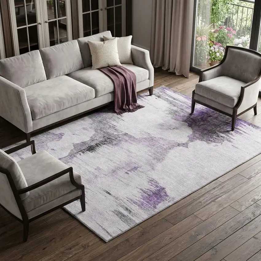 Purple Gray And Ivory Abstract Washable Area Rug With UV Protection Photo 1