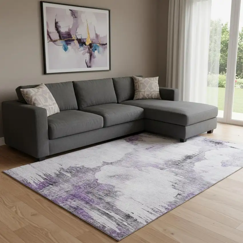 Purple Gray And Ivory Abstract Washable Area Rug With UV Protection Photo 1