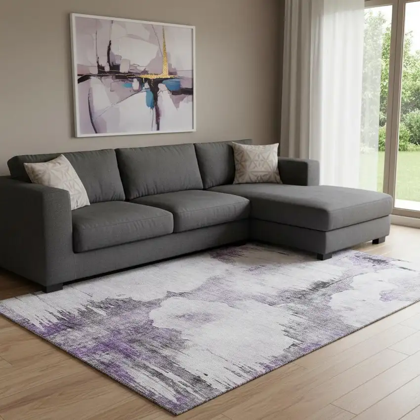 Purple Gray And Ivory Abstract Washable Area Rug With UV Protection Photo 1