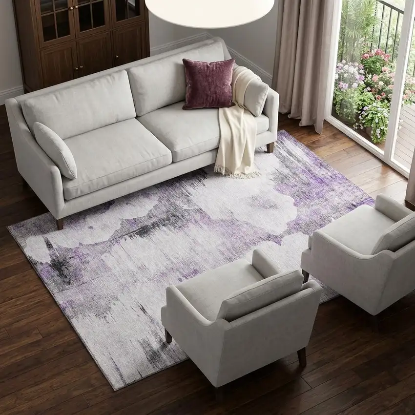 Purple Gray And Ivory Abstract Washable Area Rug With UV Protection Photo 1