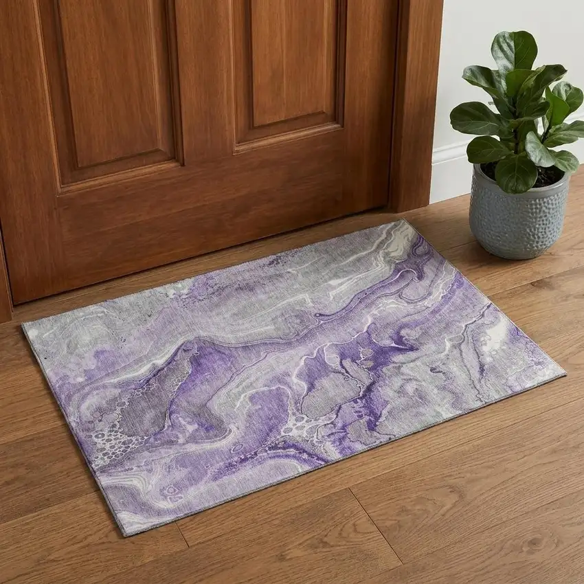 Purple Gray And Ivory Abstract Washable Area Rug With UV Protection Photo 1