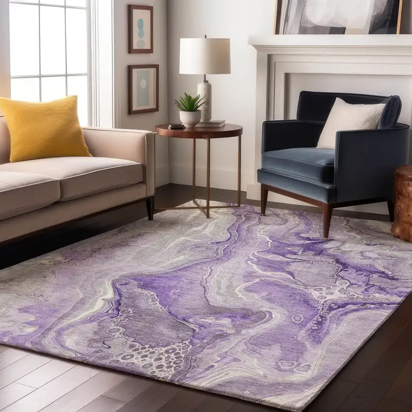 Purple Gray And Ivory Abstract Washable Area Rug With UV Protection Photo 5
