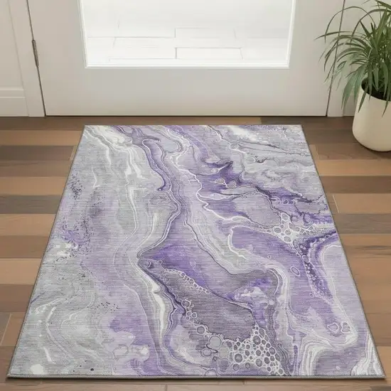 Purple Gray And Ivory Abstract Washable Area Rug With UV Protection Photo 2