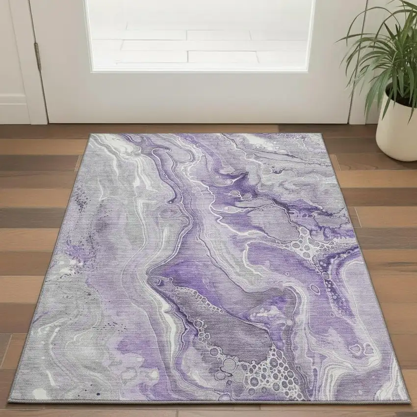 Purple Gray And Ivory Abstract Washable Area Rug With UV Protection Photo 2