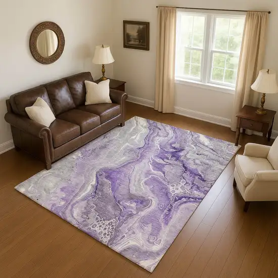 Purple Gray And Ivory Abstract Washable Area Rug With UV Protection Photo 4