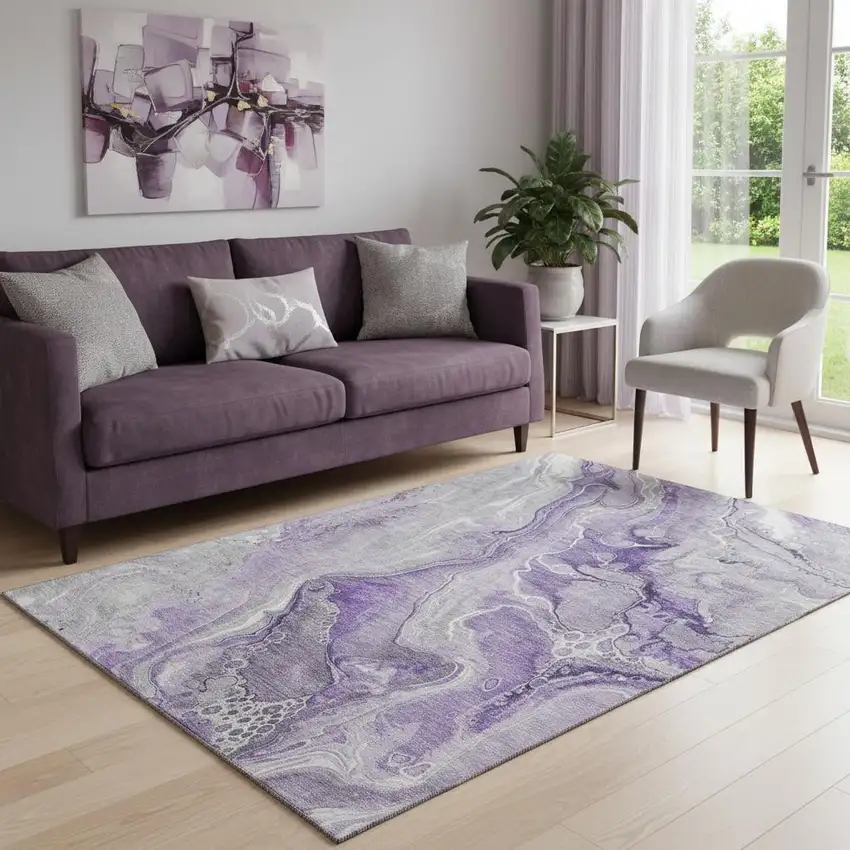 Purple Gray And Ivory Abstract Washable Area Rug With UV Protection Photo 2