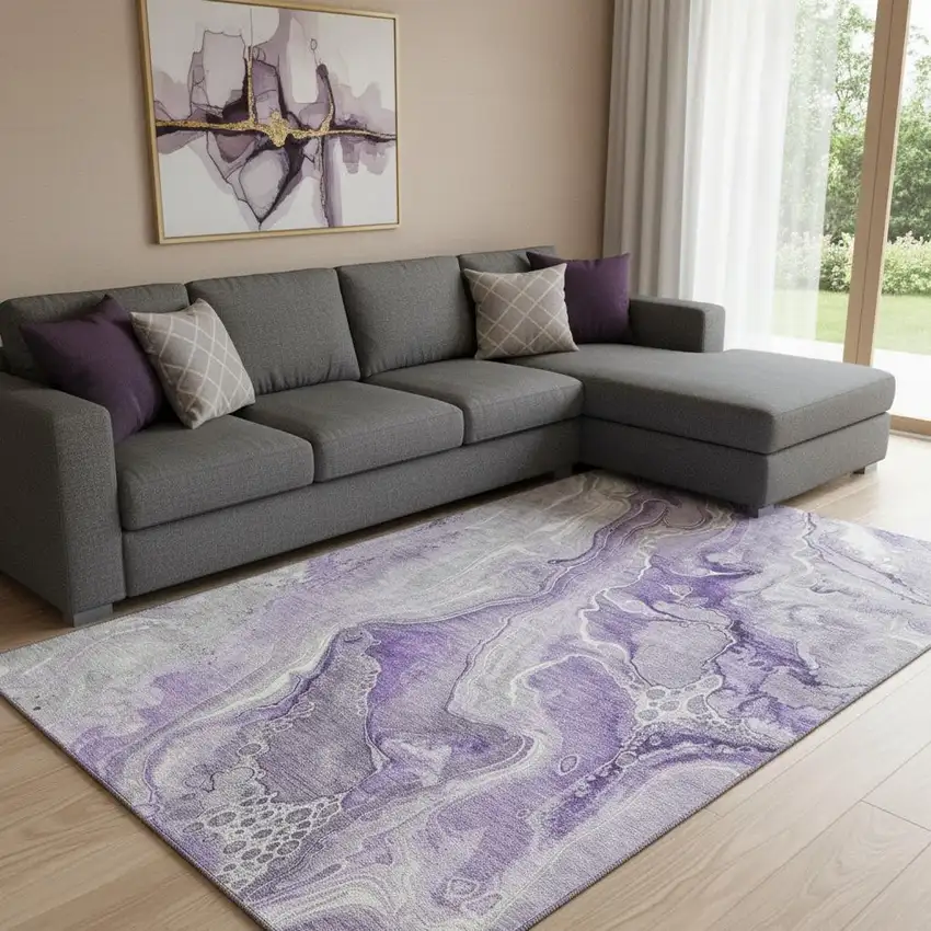 Purple Gray And Ivory Abstract Washable Area Rug With UV Protection Photo 2
