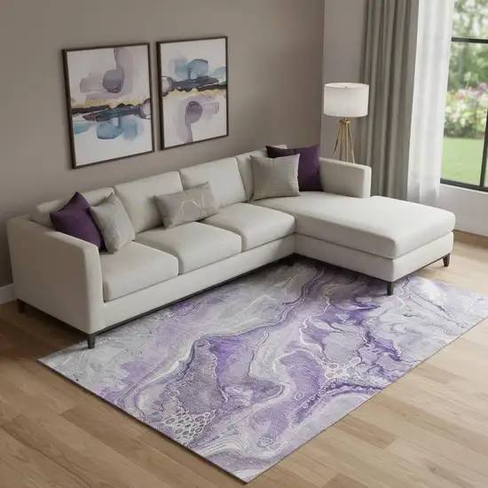 Purple Gray And Ivory Abstract Washable Area Rug With UV Protection Photo 2